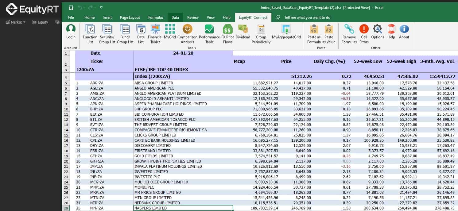 Excel ad-in for financial models EquityRT Connect Dynamic Stock Market Data